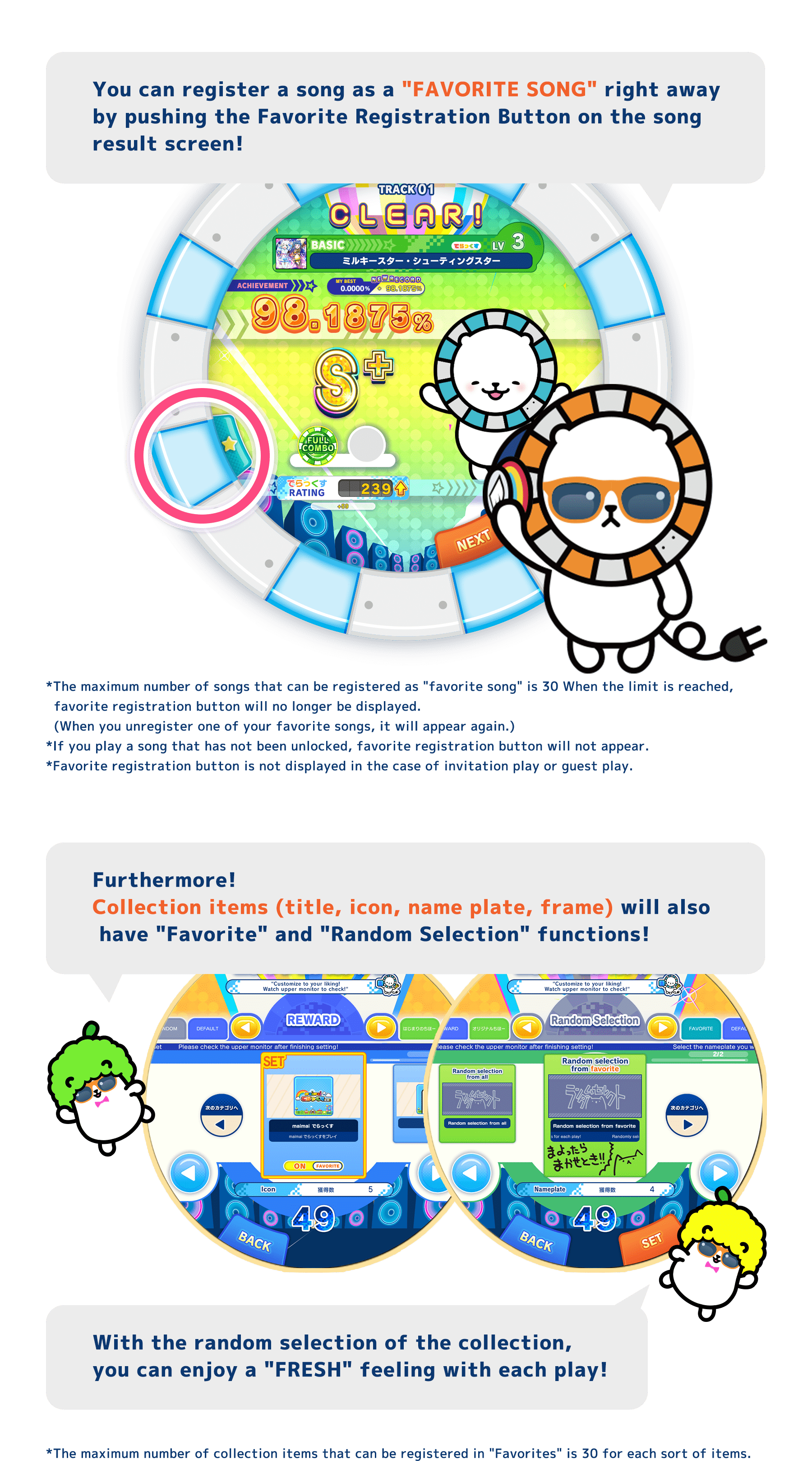 You can register a song as a "FAVORITE SONG" right away by pushing the Favorite Registration Button on the song result screen!
            *The maximum number of songs that can be registered as "favorite song" is 30 When the limit is reached, favorite registration button will no longer be displayed. (When you unregister one of your favorite songs, it will appear again.)
            *If you play a song that has not been unlocked, favorite registration button will not appear.
            *Favorite registration button is not displayed in the case of invitation play or guest play.
            Furthermore!
            Collection items (title, icon, name plate, frame) will also have "Favorite" and "Random Selection" functions!
            With the random selection of the collection, you can enjoy a "FRESH" feeling with each play!
            *The maximum number of collection items that can be registered in "Favorites" is 30 for each sort of items.