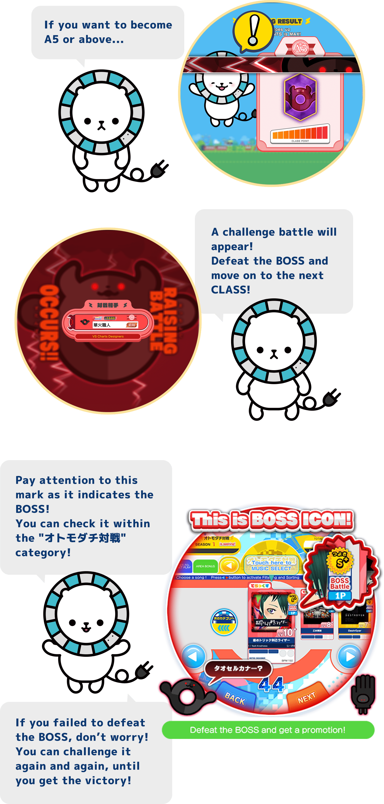 If you want to become
          A5 or above...
          A challenge battle will appear!
          Defeat the BOSS and
          move on to the next CLASS!
          Pay attention to this mark as it indicates the BOSS!
          You can check it within the "オトモダチ対戦" category!
          If you failed to defeat the BOSS, don’t worry!
          You can challenge it again and again, until you get the victory!