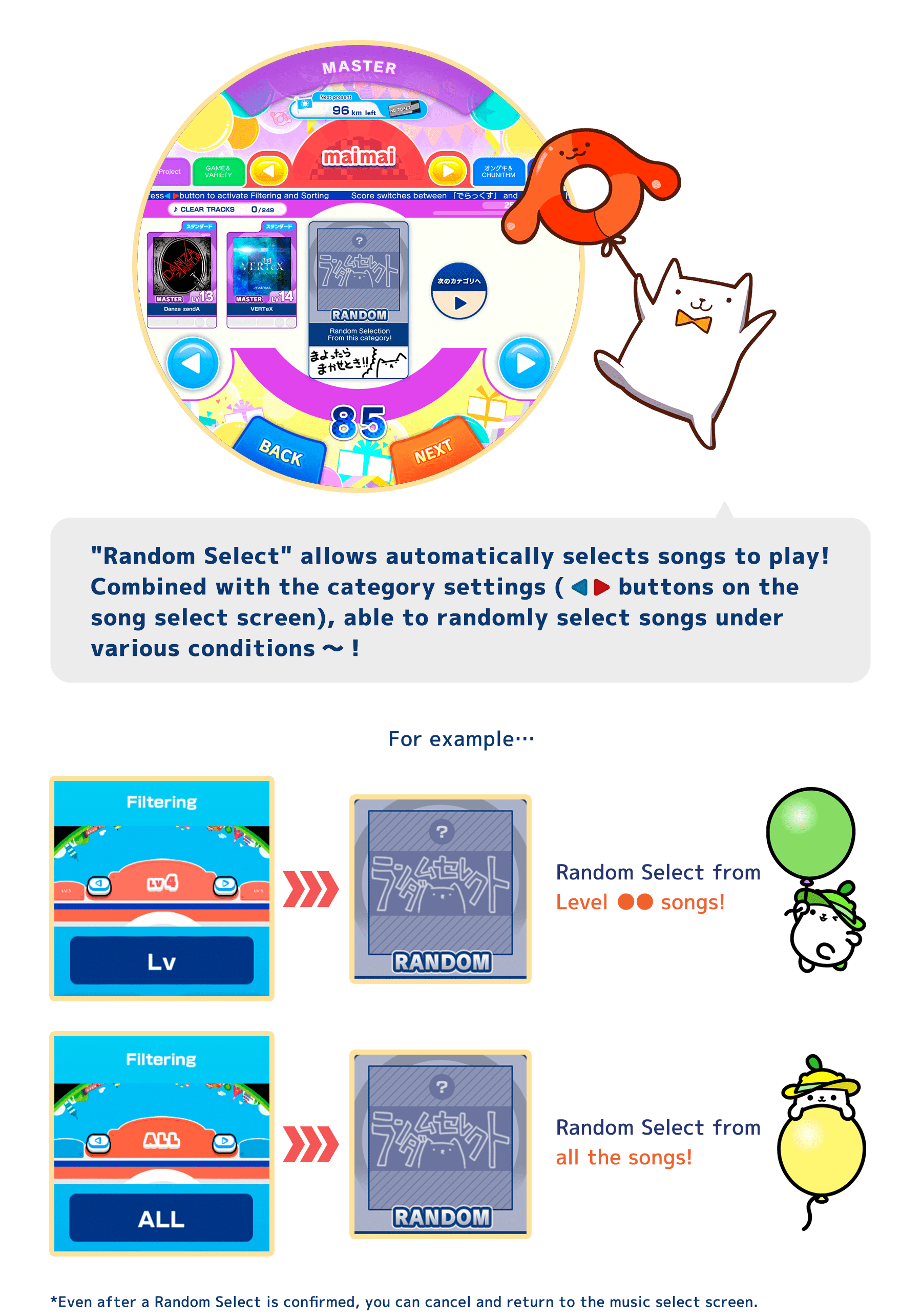 "Random Select" allows automatically selects songs to play!
          Combined with the category settings (<>buttons on the song select screen), able to randomly select songs under various conditions～!
          For example…
          Random Select from Level ●● songs!
          Random Select from all the songs!
          *Even after a Random Select is confirmed, you can cancel and return to the music select screen.